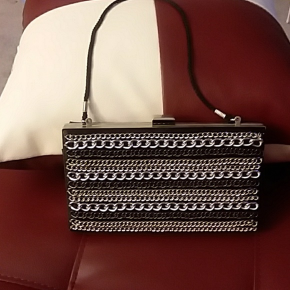 Black Satin w/ metallic design Clutch - Picture 2 of 8